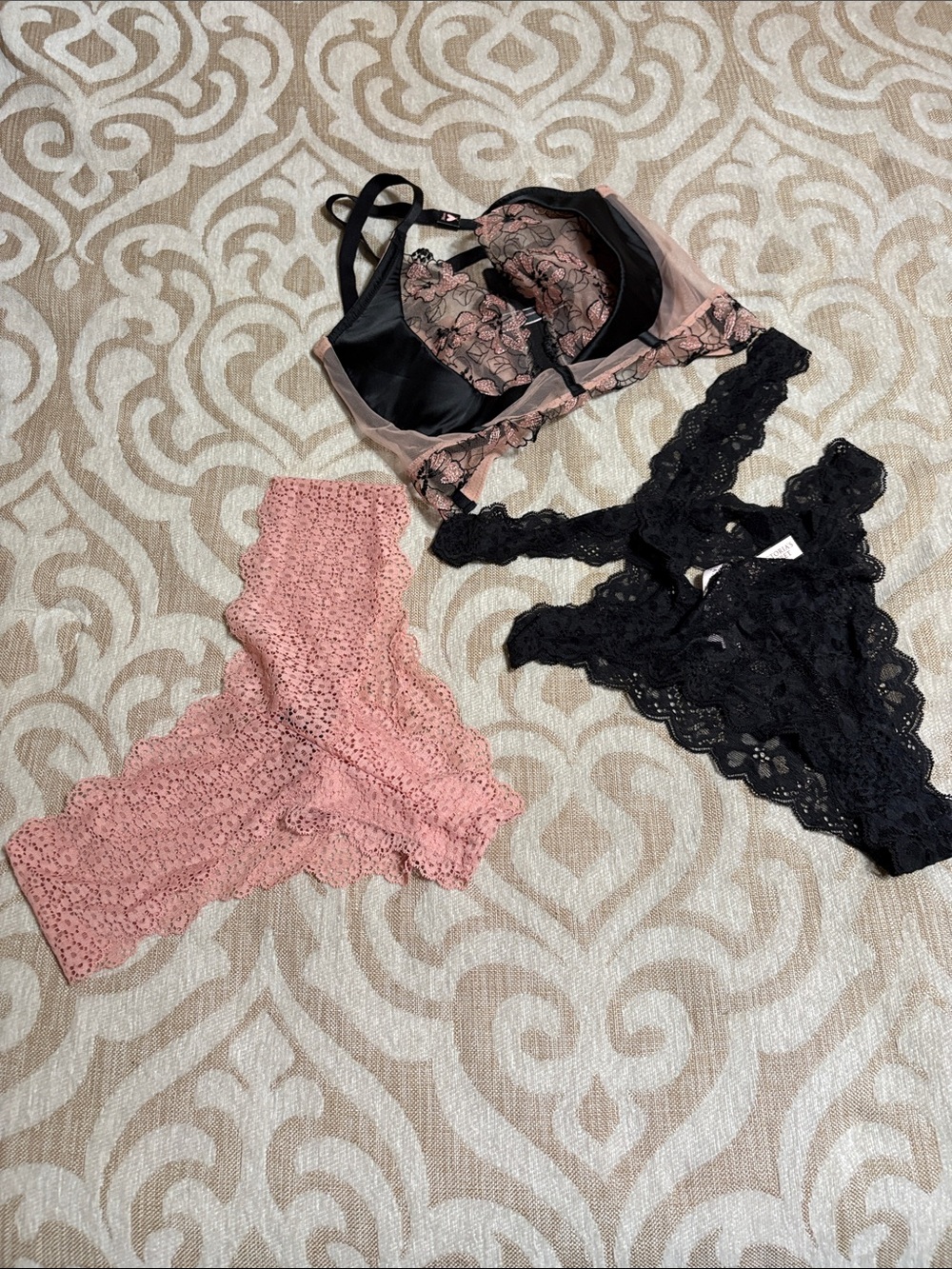 Victoria's Secret Lace Bralette and Bikini Panty Set - Black and Dusty Rose